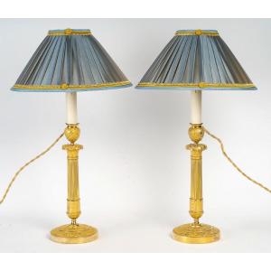 French Restoration Period Pair Of Chiseled Gilt Bronze Candlesticks Mounted As Lamps Circa 1820