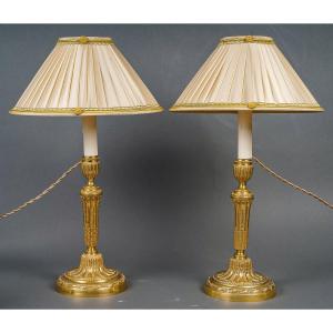 French Louis XVI Period Pair Of Chiseled Gilt Bronze Candlesticks Mounted As Lamps Circa 1780