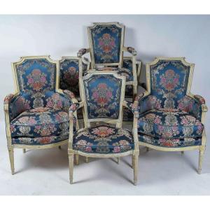 Set Of Seats Composed Of Two Bergeres And A Set Of Four Armchairs Of The Louis XVI Period