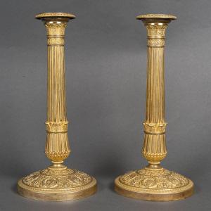 Gérard Jean Galle (1788-1846) Pair Of Finely Chiseled And Gilded Bronze Candlesticks Circa 1820