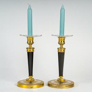 Andre Antoine Ravrio Pair Of Patinated And Gilded Bronze Candlesticks Circa 1808-1810