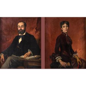 Edmond Louis Dupain - Portraits Of Mr And Mrs Bellemer Oil On Canvas Circa 1884