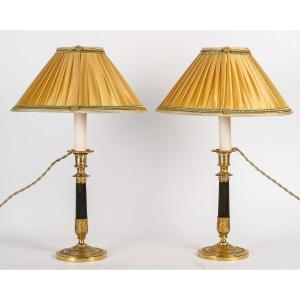 Paire De Bougeoirs Montés En Lampes D’époque Empire En Bronze Patiné Et Doré Vers 1810