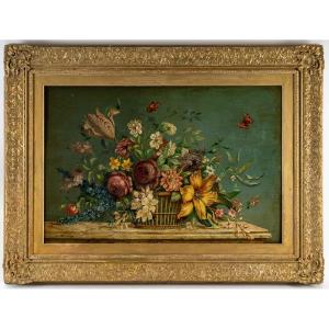 Bouquet Of Flowers On A Stone Entablature Oil On Panel Circa 1880-1890