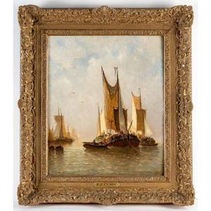 Paul Jean Clays (1817-1900) Fishing Boats In The North Sea Oil On Mahogany Panel Circa 1864