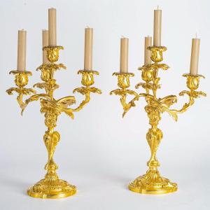 Henri Vian 1860-1905 Pair Of Louis XV Style Candelabra In Chiseled And Gilded Bronze Circa 1890