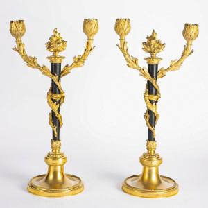 A Pair Of Louis XVI Style Ormolu And Patinated Bronze Candelabra Circa 1880