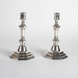 Pair Of Silver-plated Bronze Candlesticks With Crowned C And Count's Crown, Louis XV Period