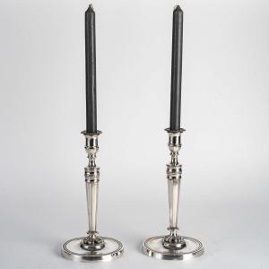 André Antoine Ravrio (1759-1814) Pair Of Silver-plate Candlesticks Fluted Friezes Circa 1810