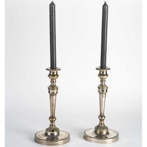 André Antoine Ravrio (1759-1814) Pair Of Candlesticks With Water Leaf Friezes In Silvered Bronze