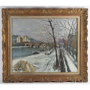 Serge Belloni (1925-2005)  Le Pont Marie Et L’ile Saint-louis Sous La Neige Huile Sur Toile