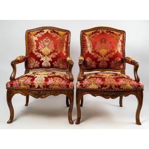 Pair Of Large Walnut Armchairs, Molded And Carved, French Regence Period Circa 1720