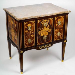 A Commode Sauteuse With Musical Instruments Marquetry, Louis XVI Period Circa 1780