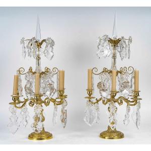 Paire De Girandoles Baccarat De Style Louis XVI En Bronze Doré Et Décor De Cristal Vers 1870