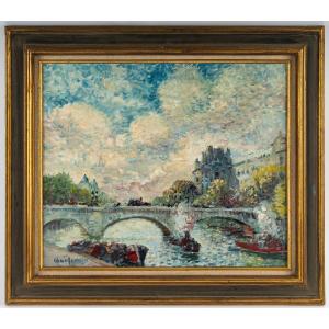 Mério Ameglio (1897-1970) Vue Du Pont-neuf Huile Sur Toile Vers 1950