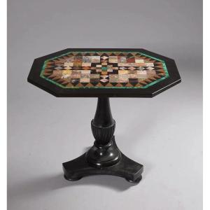 Pedestal Table In Black Marble And Marble Inlay Florence 19th Century