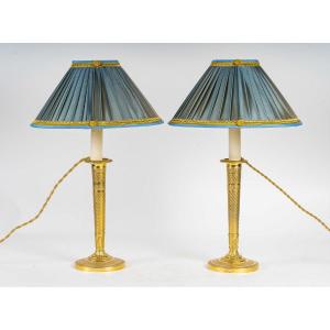 Pair Of Restoration Period Candlesticks In Chiseled And Gilded Bronze Mounted As Lamps Circa 1820