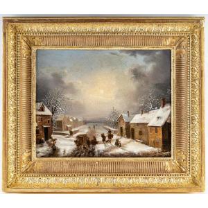 Louis-claude Malbranche (1790-1838) Scène De Vie à La Campagne Sous La Neige Huile Sur Toile