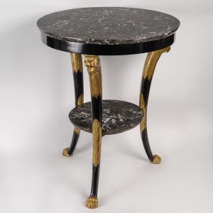 Black Lacquered Pedestal Table With Eagle Heads Decor, Consulate Period (1799-1804)