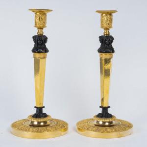 Claude Galle (1759 - 1815) Pair Of Patinated And Gilded Bronze Marvelous Candlesticks 1810