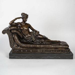 d'Après Antonio Canova (1757-1822) Pauline Borghèse En Bronze Et Marbre Vers 1860-1880