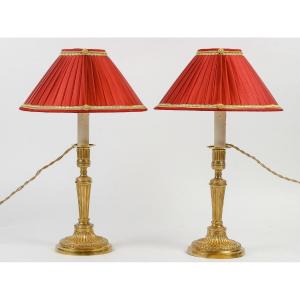 Pair Of French Louis XVI Period Fluted Gilt-bronze Candlesticks Mounted As Table-lamps