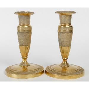 Pair Of Small Gilt Bronze "ragots" Candlesticks French Empire Period Circa 1810