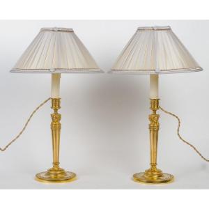 Pair Of Candlesticks With Female Busts Mounted As Lamps Attributed To Claude Galle Circa 1810