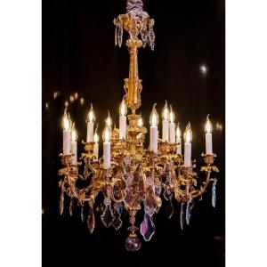 Signed Victor Raulin (1867-1925), Chandelier Aux Amours Circa 1880 In Gilt Bronze And Cut Crystal