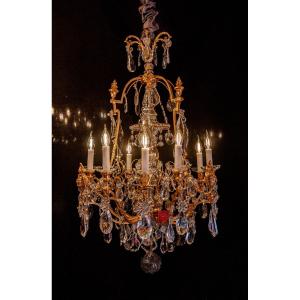 Signed Baccarat, Louis XVI Style Chandelier With Fire Pots In Gilt Bronze And Cut Crystal