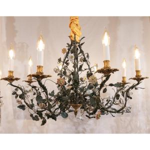 Lustre En Bronze Et Tôle à Décor De Branchages Et Porcelaine De Meissen Fin Du XVIIIème Siècle