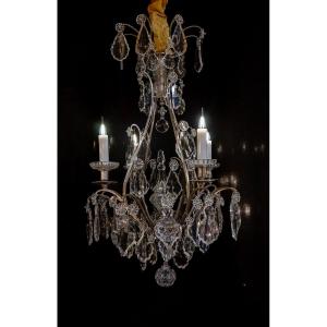 Signed By Baccarat Small Cage Chandelier In Silver-plated Bronze And Cut Crystal Circa 1880