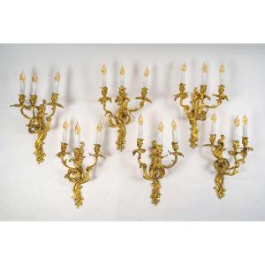 Set Of Six French Louis XV-style Chiseled Gilt-bronze Sconces Circa 1880-1890