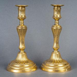 Pair Of Chiseled Gilt Bronze Candlesticks Louis XVI Period Circa 1780