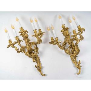 Large French Louis XV-style, Pair Of Chiseled Gilt-bronze Sconces Circa 1880-1890