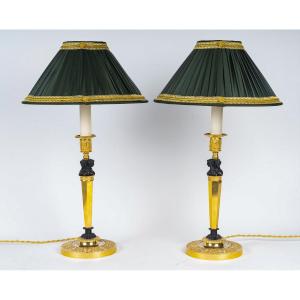 Claude Galle (1759 - 1815) Mounted In Lamps Pair Of Bronze Candlesticks Called Aux Merveilleuses