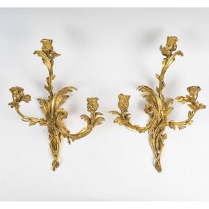 François Thomas Germain Paire d'Appliques à 3 Bras De Lumières En Bronze Doré Vers 1770-1780