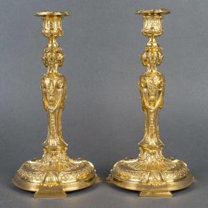 Vestals Pair Of Louis XVI Style Chiseled And Gilt Bronze Candlesticks, 19th Century Circa 1850