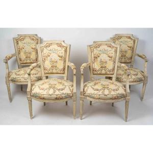 Set Of Four Louis XVI Circa Beechwood Lacquered Armchairs Circa 1780-1790