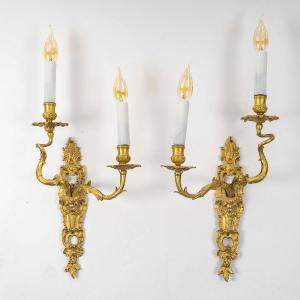 Pair Of French Louis XV Perioid Gilt Bronze Sconces With C Crown Mark Circa 1745-1749