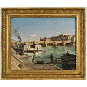 Romain Etienne Gabriel Prieur (1806-1873) View Of The Pont-neuf Paris Oil On Panel Circa 1850