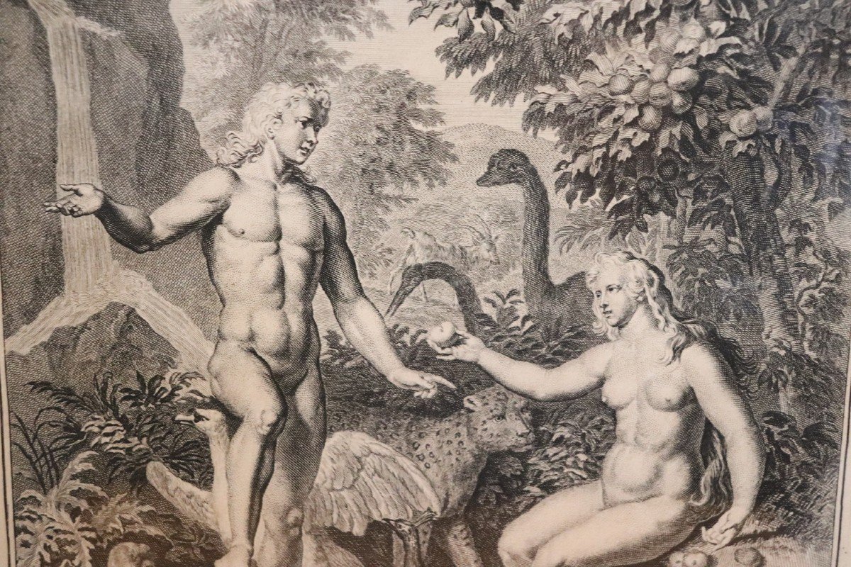 Gerard Hoet, Adam And Eve, Antique Engraving, 17th Century-photo-2
