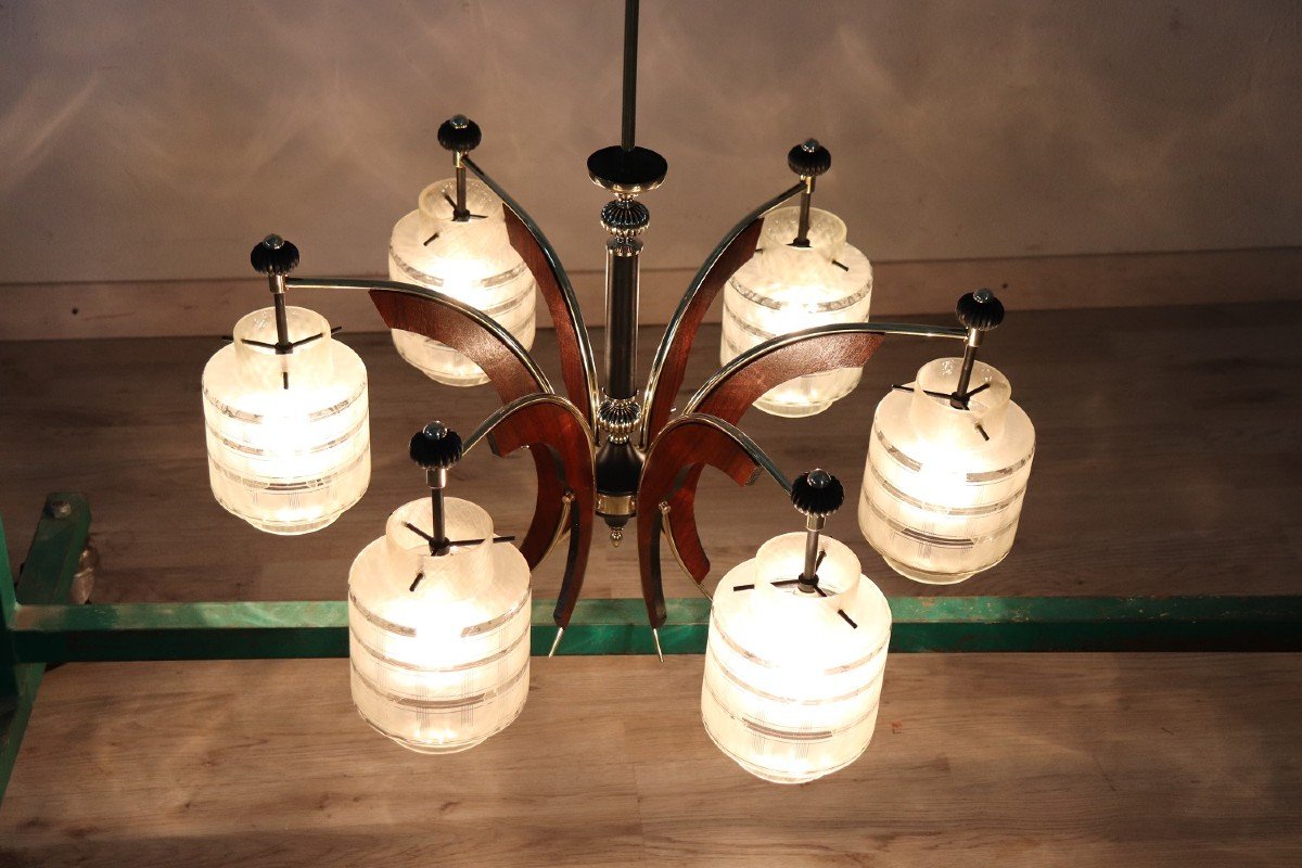 Mid-century Italian Glass Bowls, Wood, Brass And Black Lacquered Metal Chandelier, 1950s-photo-3