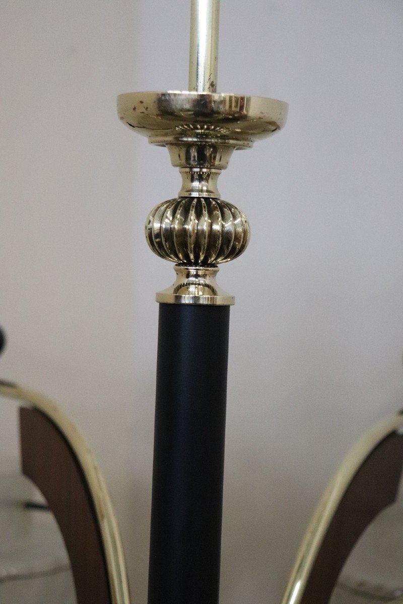 Mid-century Italian Glass Bowls, Wood, Brass And Black Lacquered Metal Chandelier, 1950s-photo-6