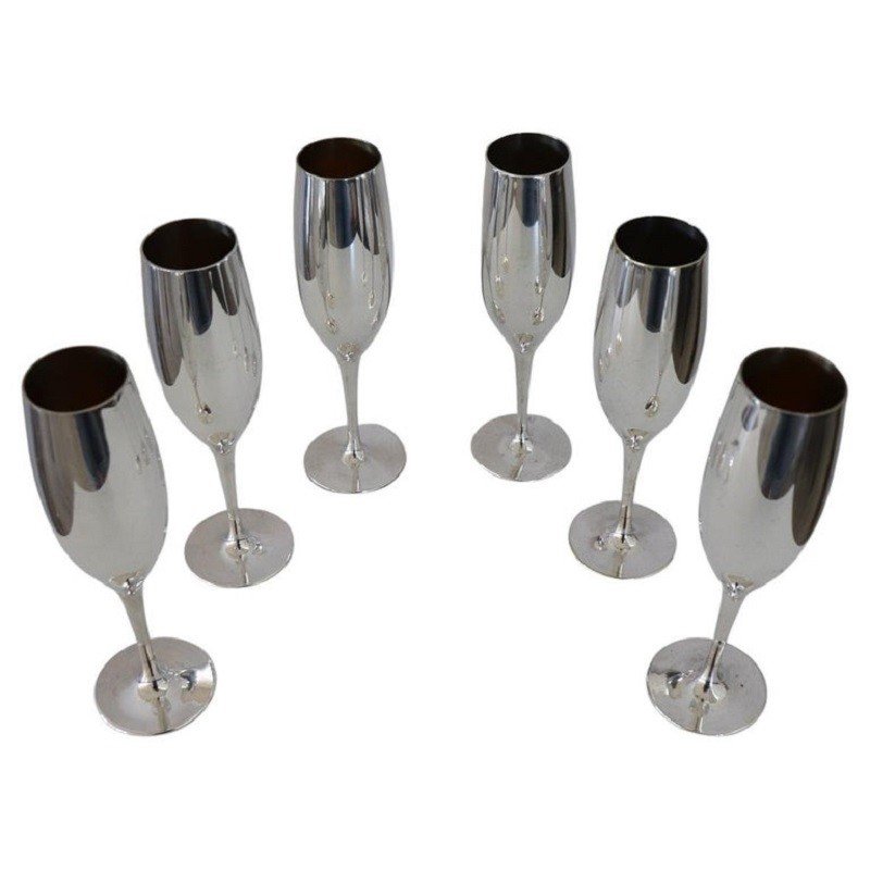 Vintage Silver Plated Flute Glasses, 1980s, Set Of 6