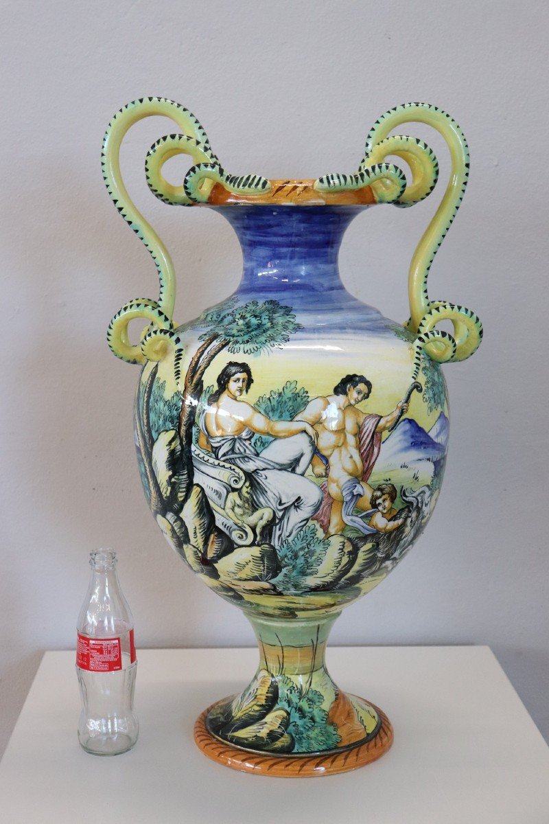 Large Antique Majolica Hand Painted Vase, 19th Century-photo-2