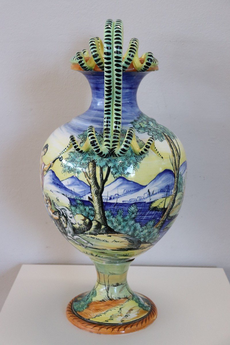 Large Antique Majolica Hand Painted Vase, 19th Century-photo-2