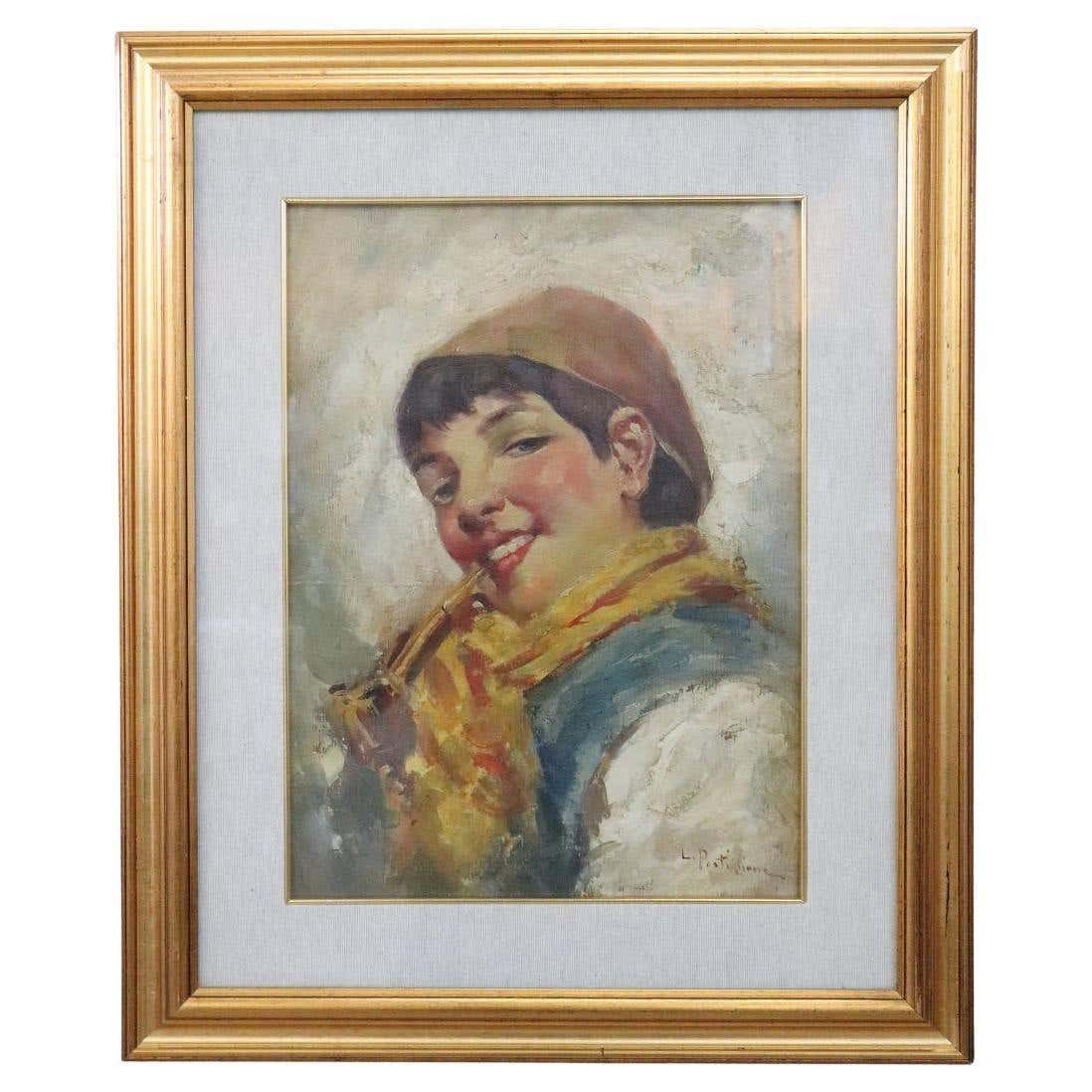 Luca Postiglione, Italian Portrait, 1900s, Oil Painting On Board