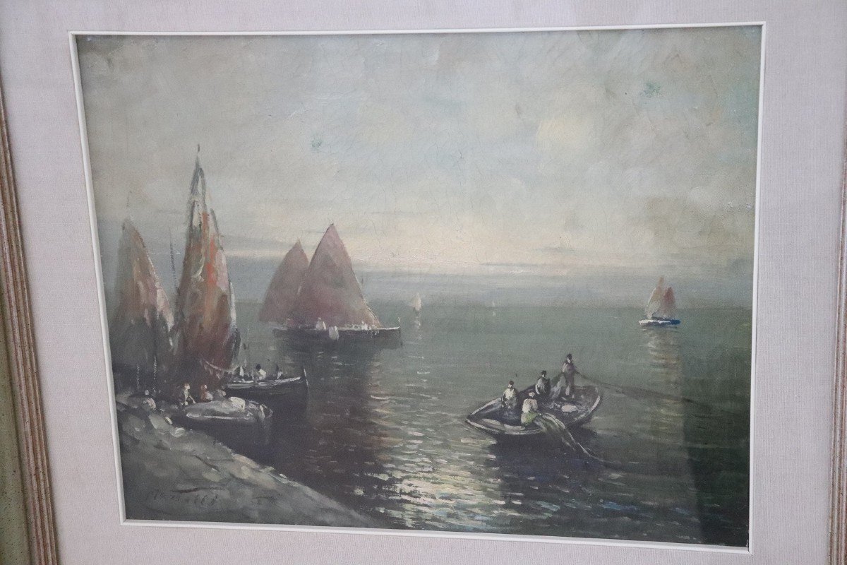 Peinture à l'Huile Sur Toile De Marina Avec Pêcheurs-photo-2