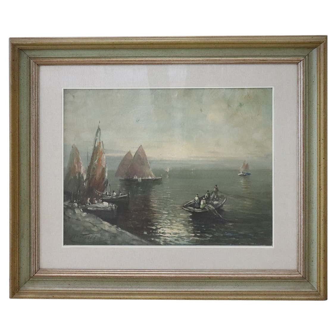 Oil On Canvas Painting Of Marina With Fishermen